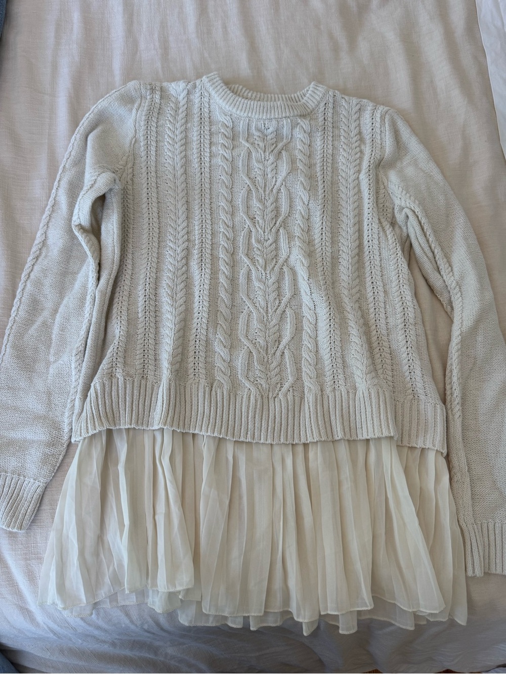 Cream Cable-Knit Sweater with Chiffon Hem - Women